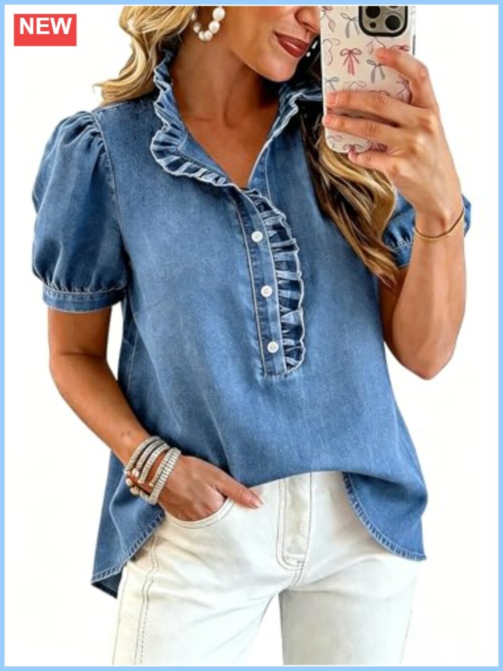 Women's Ruffle Denim Button Down Shirt Short Sleeve V-Neck Blouse